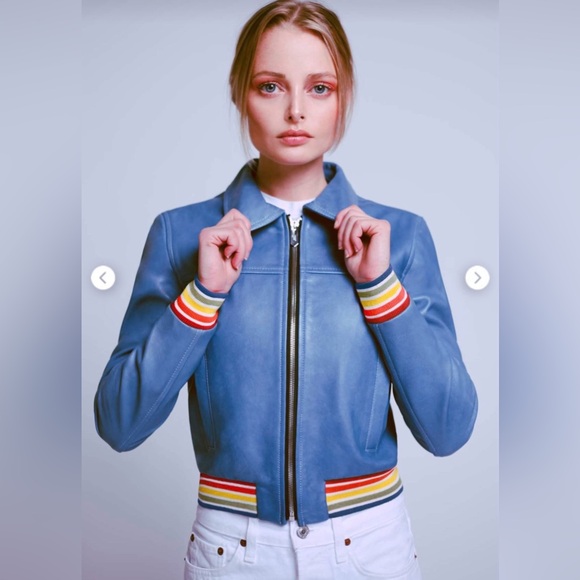 THE MIGHTY COMPANY Jackets & Blazers - THE MIGHTY COMPANY Blue Bomber Jacket with Rainbow Stripe Trim